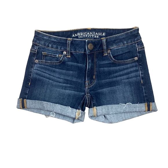 American Eagle Midi 360 Super Strength Dark Wash Rolled Cutoff Jean Shorts - Picture 1 of 6